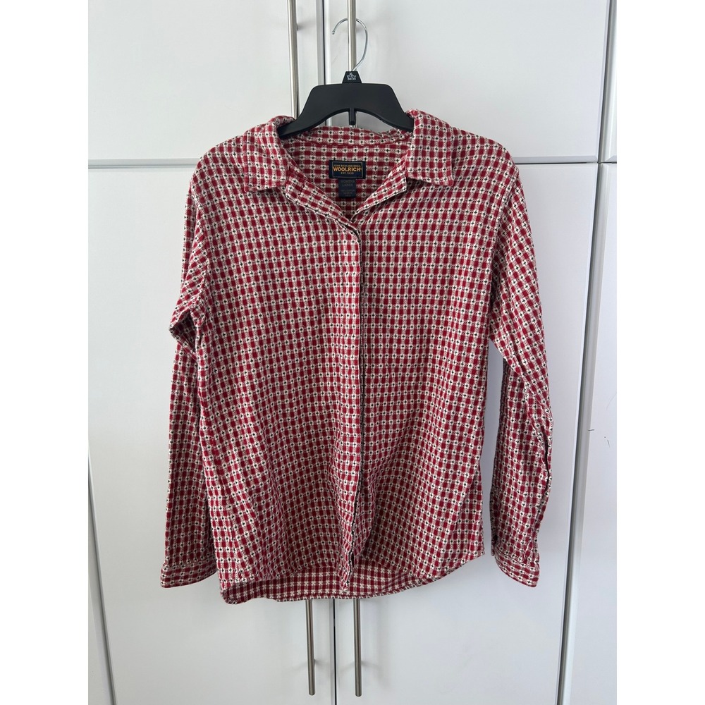 Woolrich John Rich & Bros Womensā L Red White Geometric Cotton Button Up Shirt